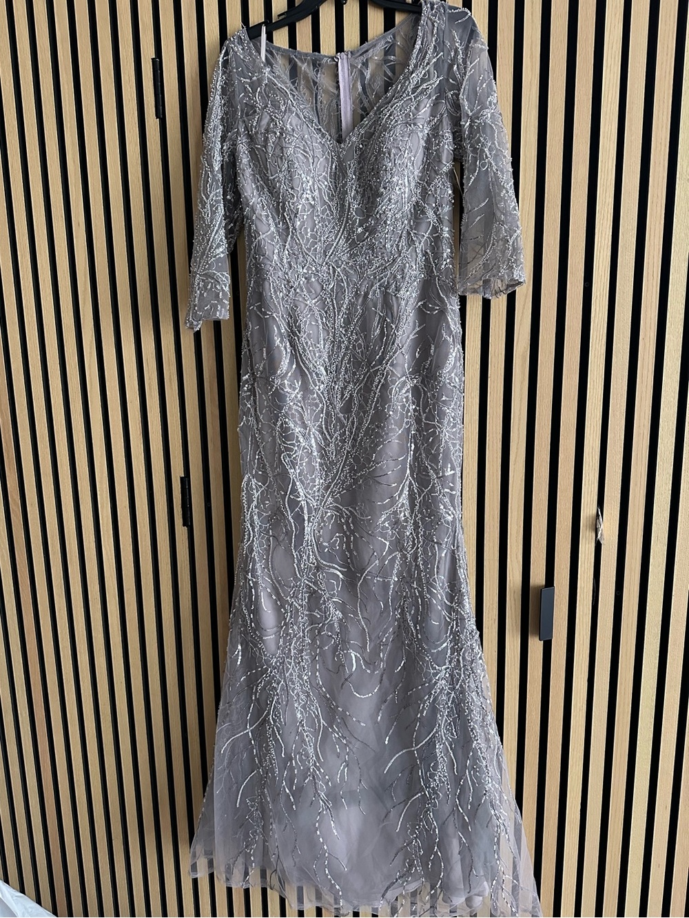 La Femme Lace Beaded V-Neck 3/4 Sleeve Evening Gown - Taupe